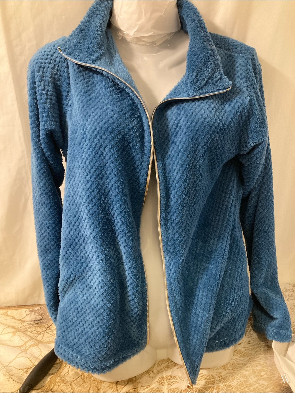 Yves Rocher Blue Plush Fleece Zip Jacket Women’s Teddy Cozy Full Zip